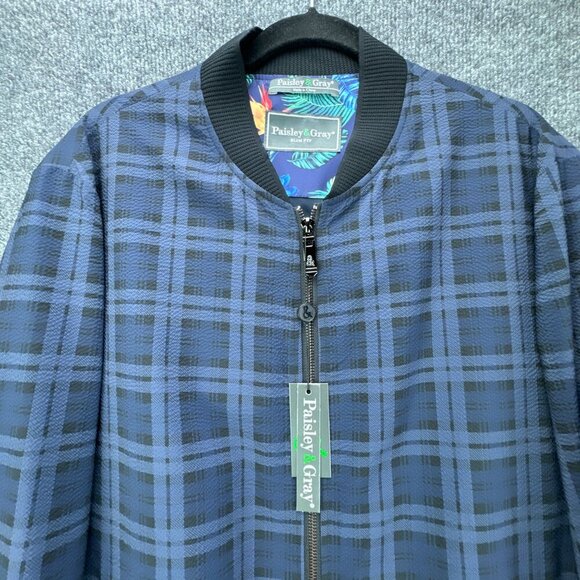 Paisley & Gray Bomber Jacket Mens Medium Blue Plaid Full Zip Slim Fit Seersucker - Picture 2 of 16